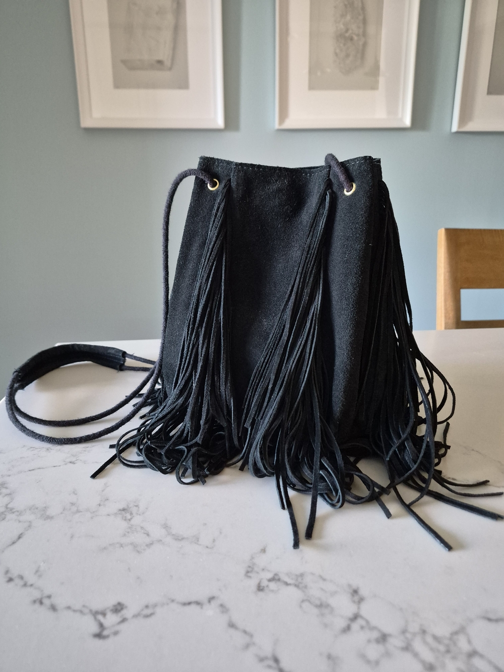 Vintage Urban Outfitters Black Fringe Suede Mini Bucket Bag